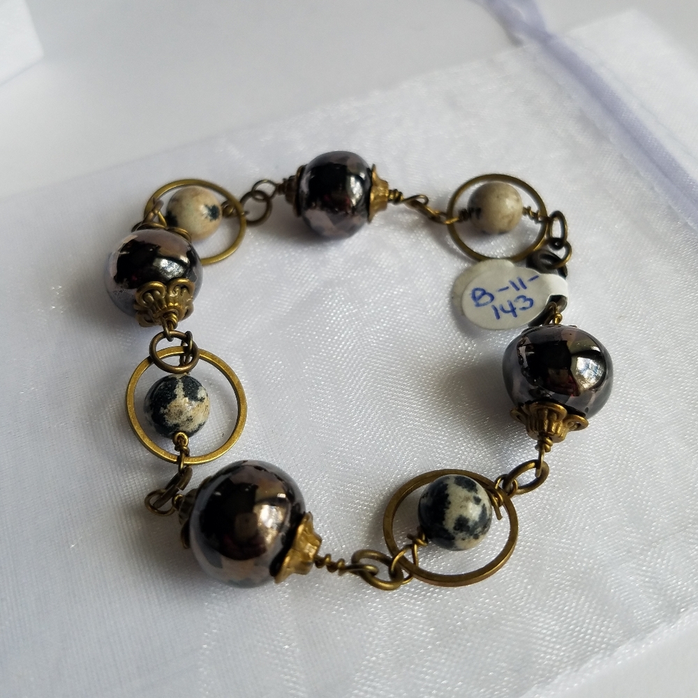 Genuine Gemstone Dalmatian & Ceramic Beads Mixed Media Bracelet - Handmade NEW
